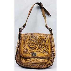 Hand Tooled Leather Rose Purse Vintage Mexico Shoulder Bag Floral Western Boho
